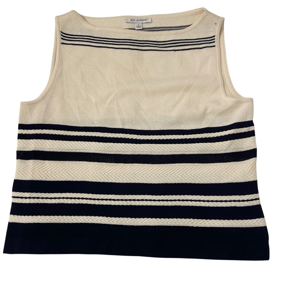 St. John Striped Knit Sleeveless Tank Top Navy Ivory Size L Made in USA